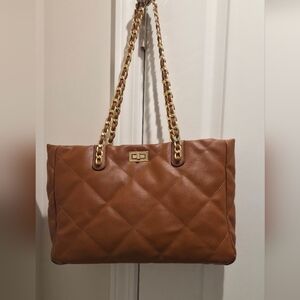 Quilted Tote Bag with Gold Chain Straps - Brown